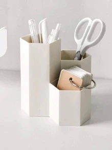 1pc Solid Color Hexagon Design Pen Holder, Simple Multi-Grid Desktop Stationery Storage Box For Office, Student Stationery Storage,Back To School,School Supplies - White - View 3