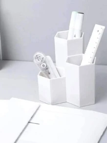 1pc Solid Color Hexagon Design Pen Holder, Simple Multi-Grid Desktop Stationery Storage Box For Office, Student Stationery Storage,Back To School,School Supplies - White - View 5