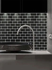 1入組PVC牆紙，現代磚圖案家用牆面膠卷 - 黑與白 - 查看 5