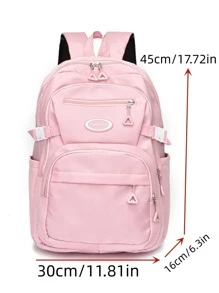 Letter Patch Decor Classic Backpack Zipper Adjustable Strap School Bag For Graduate, Teen Girls, Freshman, Sophomore, Junior & Senior In College, University & High School, Perfect For Outdoors , Hiking,Climbing,Travel,Sports & Back To School - Pink - View 3