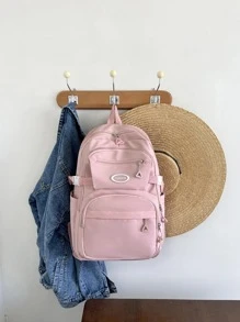 Letter Patch Decor Classic Backpack Zipper Adjustable Strap School Bag For Graduate, Teen Girls, Freshman, Sophomore, Junior & Senior In College, University & High School, Perfect For Outdoors , Hiking,Climbing,Travel,Sports & Back To School - Pink - View 2