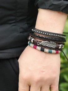 3pcs Bracelet Feather Accessory Set, Multi-Style Men's Multi-Layer Leather Braided Hemp Rope Punk Bracelet Set