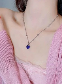 1入組時尚人造水晶心吊墜項鍊適合女士日常裝飾 - 寶藍色 - 查看 3