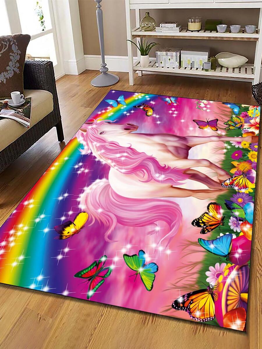 1入組獨角獸和蝴蝶印花地毯，現代主義布藝地板地毯，適用於客廳、臥室 - 彩色 - 查看 1