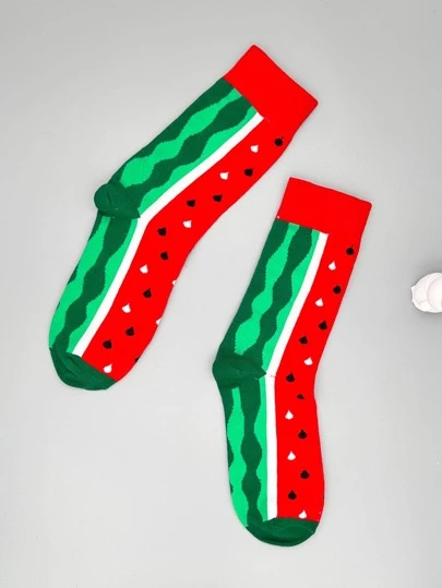 1雙中性西瓜圖案時尚中筒襪適用於日常