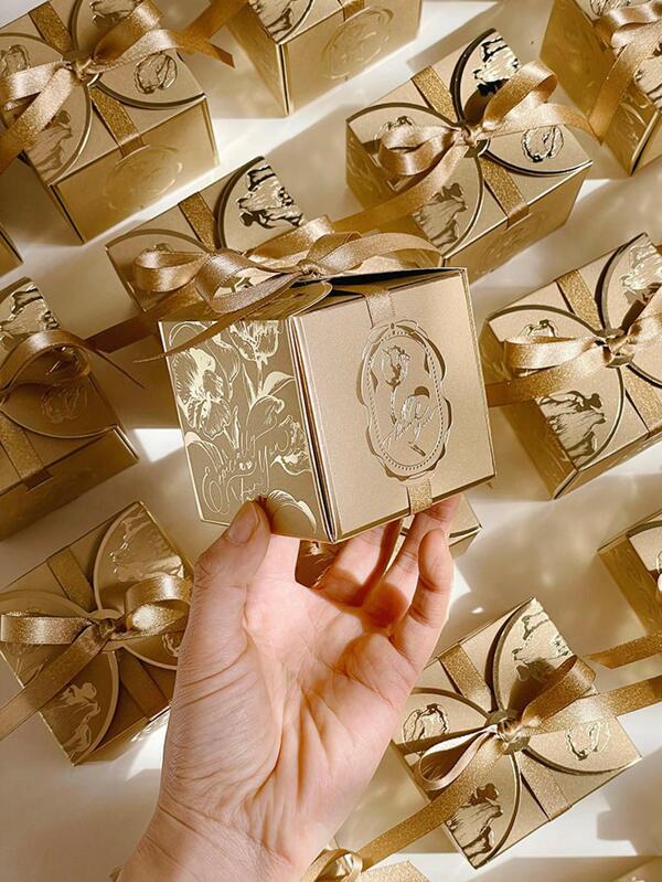 10pcs/set Paper Gift Box, Modernist Gold Floral Pattern Party Favor