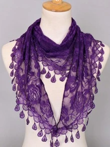 Họa Tiết Hoa Thêu Chi Tiết Tua Rua Trang Trí Khăn Tam Giác - Màu tím - Xem 1