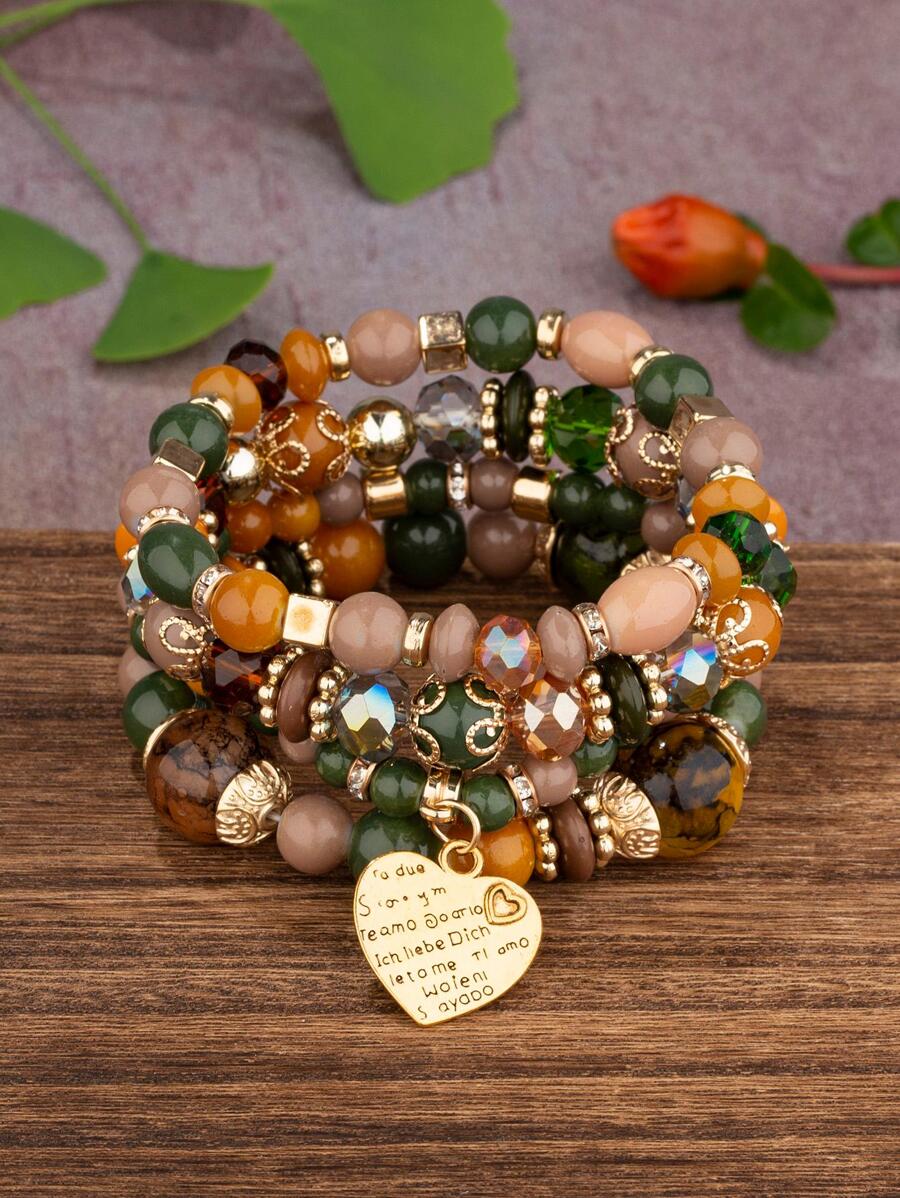 4pcs/Set Bohemian Style Letter & Heart Decor Beaded Chain Bracelet For Women, Suitable For Daily Wear, Gifts For Valentine's Day, Mother's Day