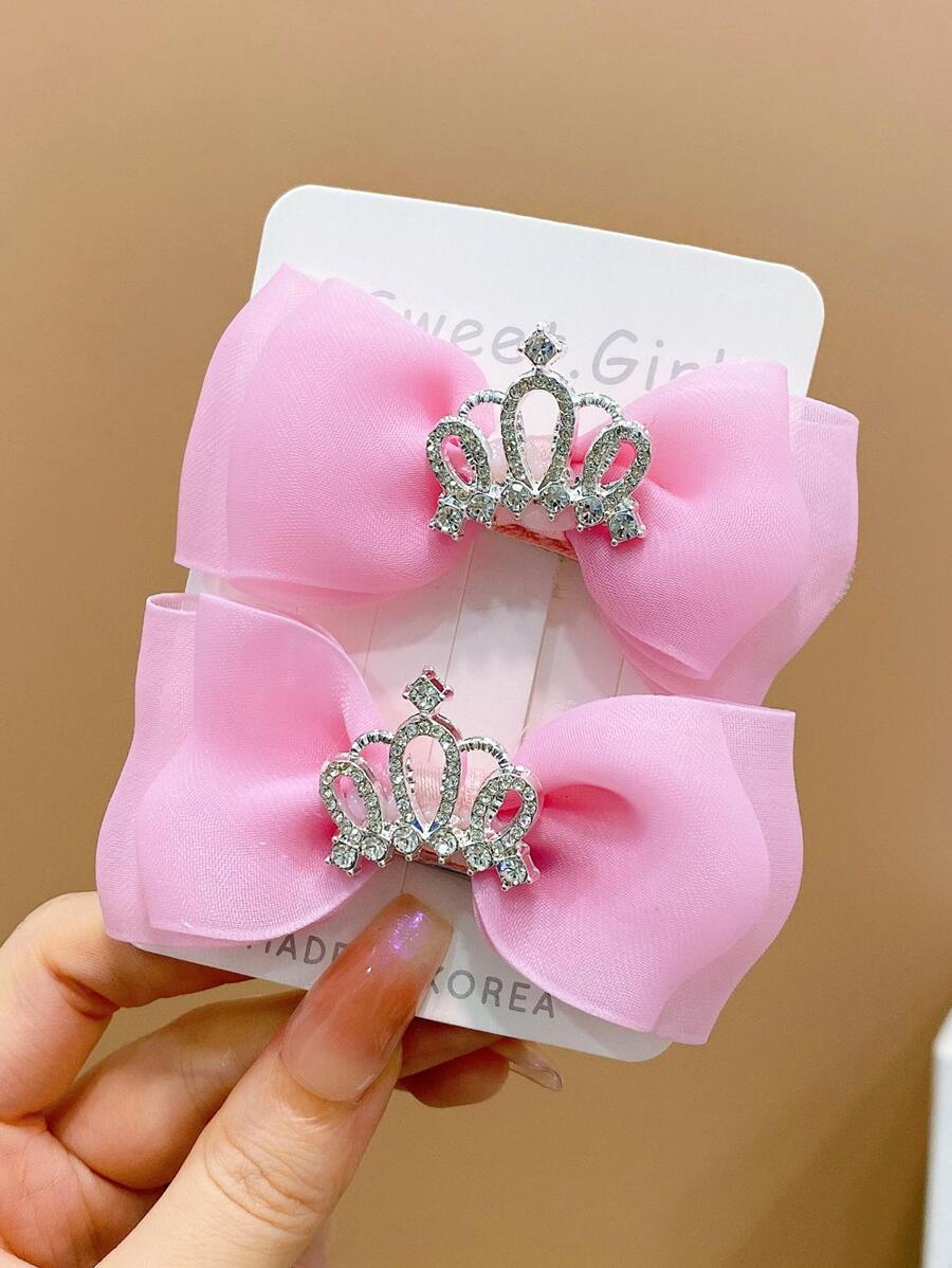 2 piezas Pinzas para el cabello con corona de lazo rosa para niñas