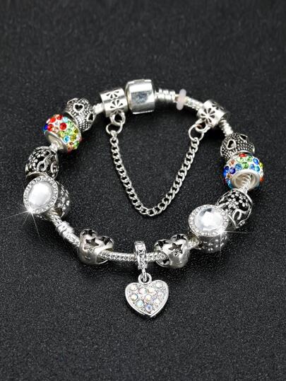 1pc Luxury Bohemian Style Large Hole Beaded, Crystal Star & Heart Design DIY Pendant Bracelet, Perfect For Dating, Holiday, Couples