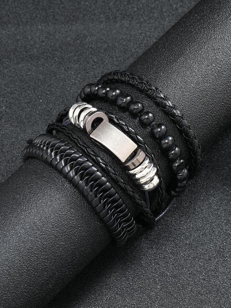 1入組復古PU聚氨酯編織細節手環適合男士日常裝飾 - 黑色 - 查看 1