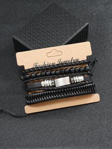 1入組復古PU聚氨酯編織細節手環適合男士日常裝飾 - 黑色 - 查看 3