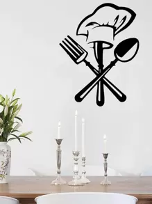 1 件餐具图案厨房贴纸、贴纸、墙贴花、乙烯基贴花用于家居装饰、春季装饰品让您的家焕然一新、拉玛装饰贴纸礼物生日毕业 - 黑色 - 查看 2