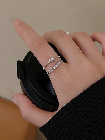 2入組/套時尚水鑽愛心裝飾開口戒指適合女士日常裝飾