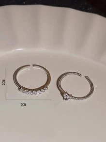 2入組/套時尚水鑽愛心裝飾開口戒指適合女士日常裝飾 - 銀色 - 查看 3