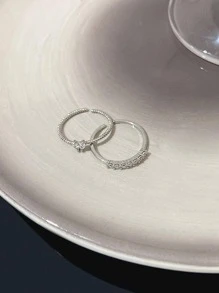 2入組/套時尚水鑽愛心裝飾開口戒指適合女士日常裝飾 - 銀色 - 查看 4