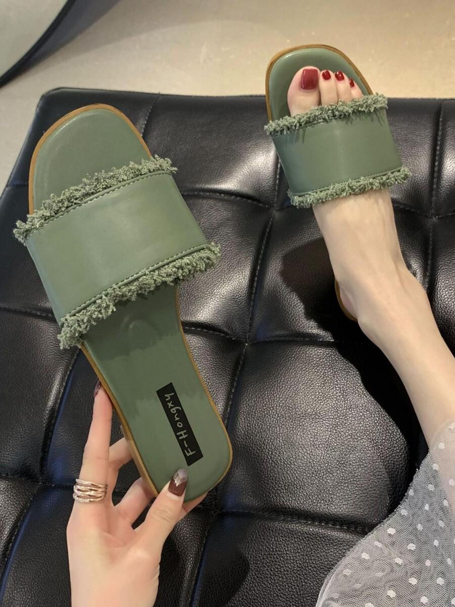 Fashionable Slide Sandals For Women, Raw Trim Single Band Flat Sandals - Green - View 1