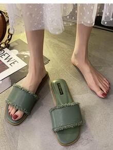 Fashionable Slide Sandals For Women, Raw Trim Single Band Flat Sandals - Green - View 4
