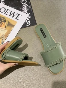 Fashionable Slide Sandals For Women, Raw Trim Single Band Flat Sandals - Green - View 6
