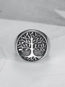 MONALLY 1pc Fashionable Stainless Steel Tree & Round Decor Ring For Men For Party Decoration, For Jewelry Gift And Party