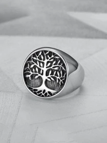 MONALLY 1pc Fashionable Stainless Steel Tree & Round Decor Ring For Men For Party Decoration, For Jewelry Gift And Party