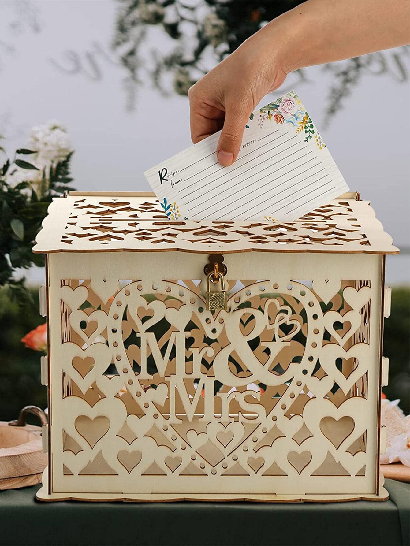 1 Set Wood Wedding Card Box With Lock And Cards Sign, Card Box For Wedding, Rustic Wedding Box For Cards And Money, Wedding Gift Box For Reception, Anniversary, Bridal Shower, Party Birthday Gifts Graduation - Khaki - View 1