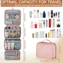 Toiletry Bag Hanging Travel Organizer For Men And Women, 3 In 1 Multifunctional Large Makeup Cosmetic Case For Toiletries Accessories, Water-Resistant PU Leather Bathroom Dopp Kit Shaving Bag - 粉色 - 查看 3