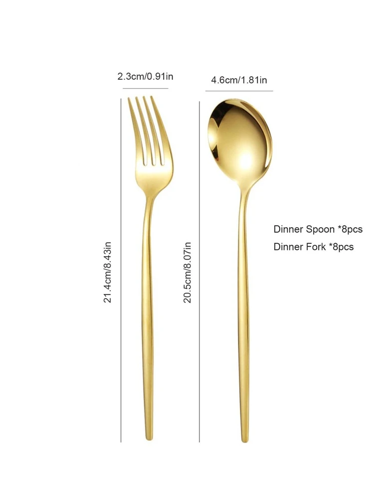 16pcs/Set Stainless Steel Spoon & Fork , Simple Solid Color Gold Tableware Cutlery Set For Kitchen ,Kitchen,Christmas Gift