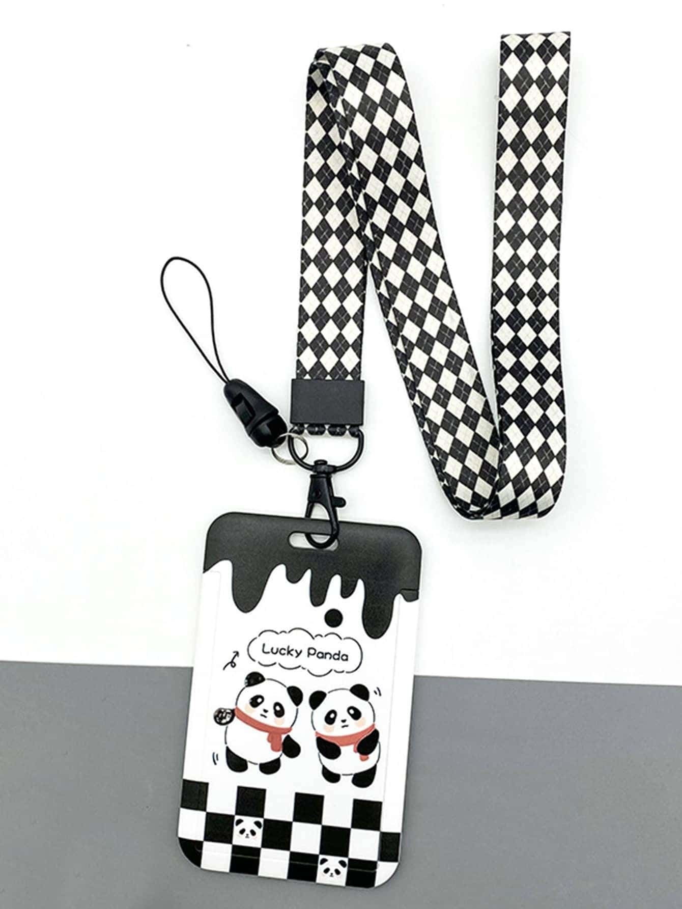 1 Máy Tính Hoạt Hình Gấu Trúc Họa Tiết Thẻ Có Dây Buộc, Dễ Thương Di Động Đựng Thẻ Dành Cho Nhân Viên Văn Phòng, Sinh Viên - Đen và trắng - Xem 1