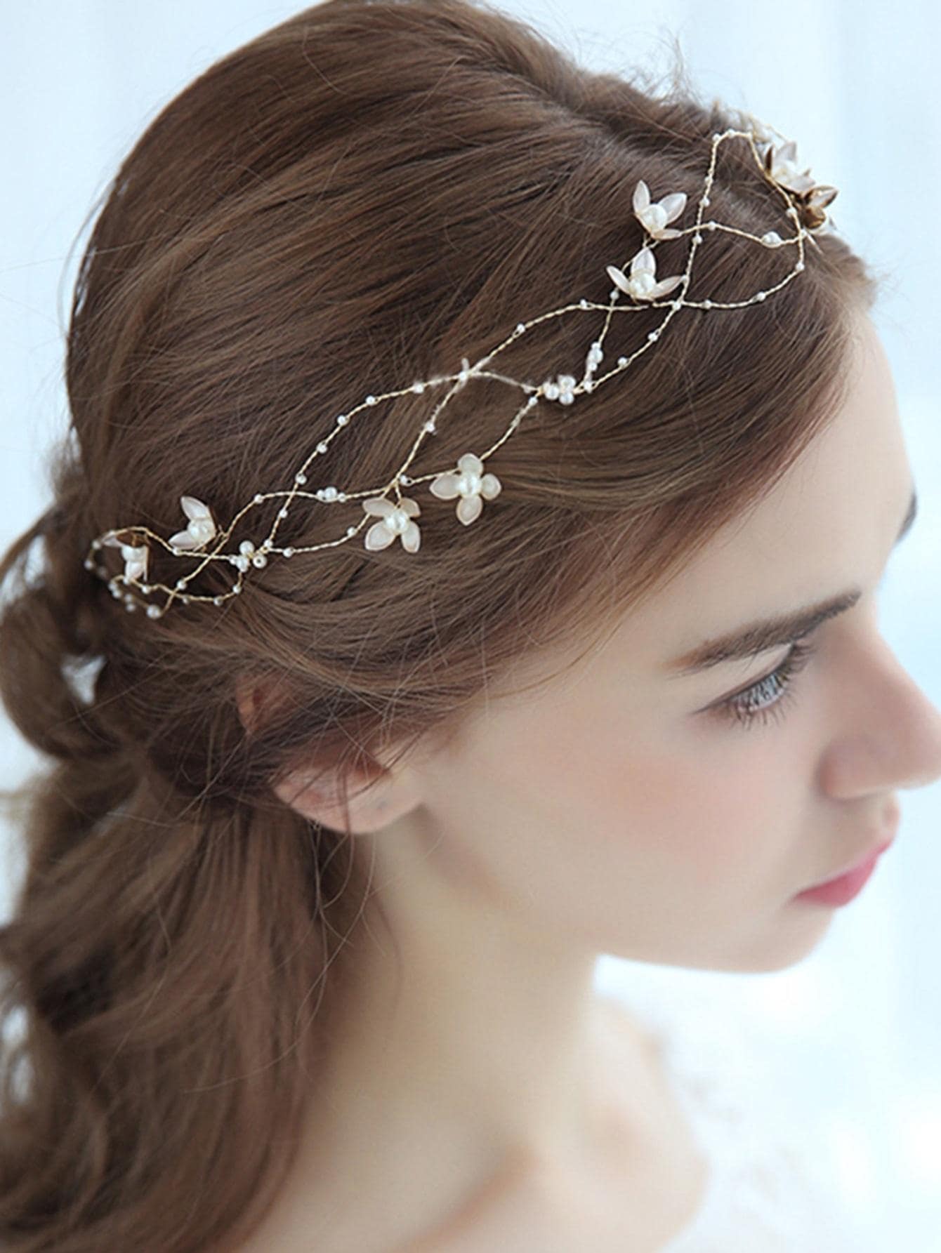 1 件手工制作女士仿珍珠花头带适用于新娘婚礼派对优雅头饰情人节 - 金色 - 查看 1