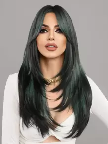 7JHH WIGS Tóc giả màu xanh lá cây ombre cho phụ nữ Tóc giả dài thẳng nhiều lớp 24 inch Tóc giả màu xanh lá cây đen pha trộn tự nhiên tổng hợp có mái Tóc giả cho tiệc hóa trang Ngày lễ Thánh Patrick - Màu xanh lá cây đậm - Xem 2