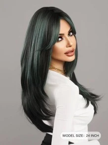 7JHH WIGS Tóc giả màu xanh lá cây ombre cho phụ nữ Tóc giả dài thẳng nhiều lớp 24 inch Tóc giả màu xanh lá cây đen pha trộn tự nhiên tổng hợp có mái Tóc giả cho tiệc hóa trang Ngày lễ Thánh Patrick - Màu xanh lá cây đậm - Xem 4