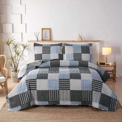 Quilt Set Plaid Bedspread Set Soft Lightweight Bedding Set Blue Black White Patchwork Quilts Reversible Bedspread Coverlet Set Home Collections Bed Set with 2 Pillow Shams