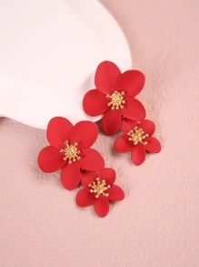 1對時尚鋅合金花耳墜適合女士日常裝飾 - 紅色 - 查看 3