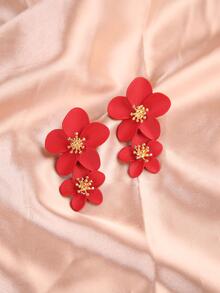 1對時尚鋅合金花耳墜適合女士日常裝飾 - 紅色 - 查看 2