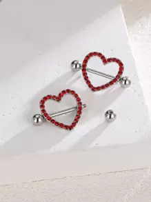 2 件时尚女士不锈钢圆形和心形水钻乳头环 - 彩色 - 查看 1