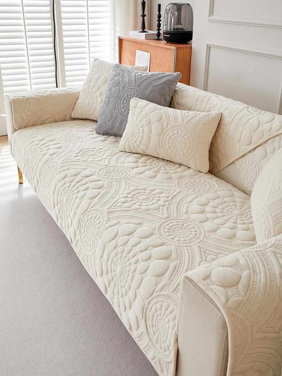1pc Geometric Design Sofa Pad, Modern Polyester Waterproof Non-slip Towel Cover For Sofa, Home, All Season - Beige - View 1
