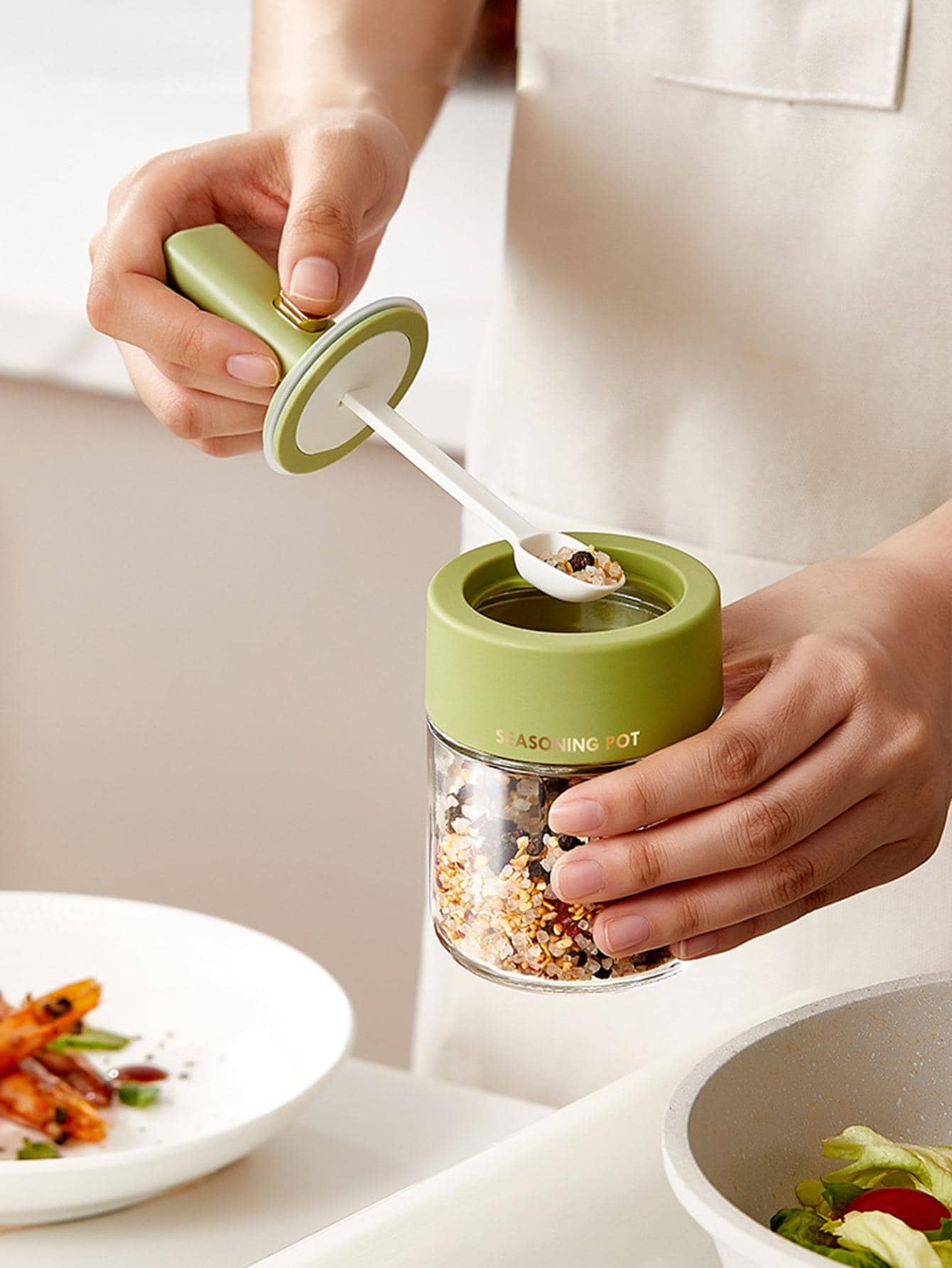 1pc Glass Seasoning Box, Modern Green Spice Jar For Kitchen - Green - View 1