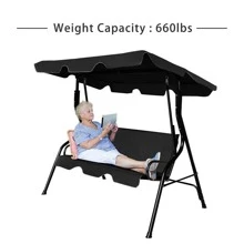 Patio 3 Seats Canopy Swing Glider Hammock Cushioned Steel Frame Outdoor Black/Blue/Coffee/Green/Grey/Navy/Beige - Black - View 6