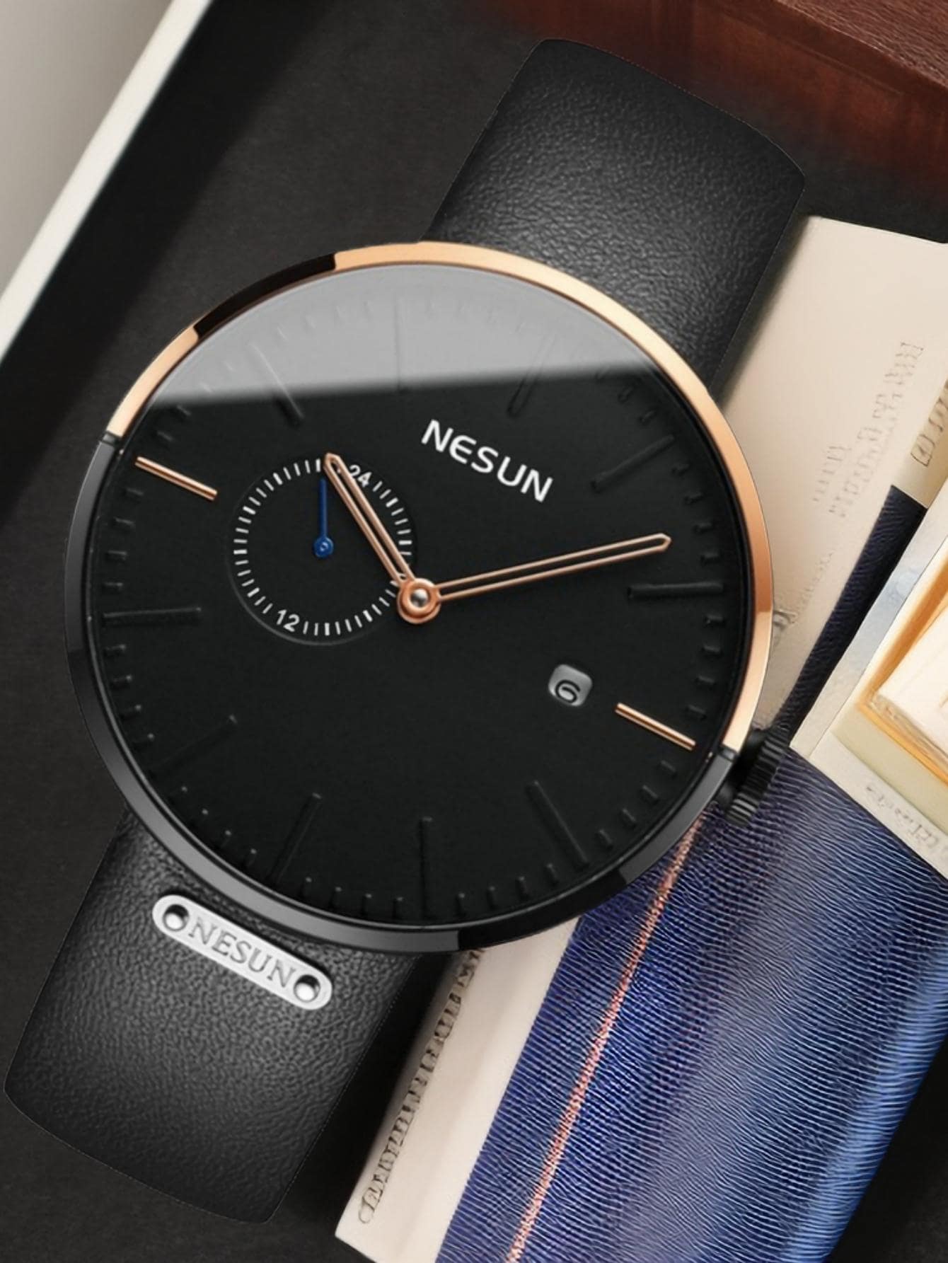 Nesun Dual Dial Mechanical Watch Calendar Fashionable Casual Black Leather Strap Men's Watch 1pc - Black - View 1