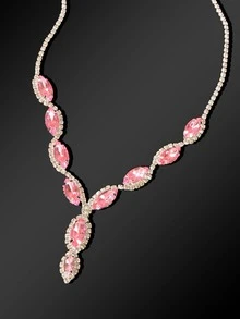 3 piezas/set collar con colgante de cadena pesada de lujo de diamantes de imitación rosa y pendiente de gota de borla de cadena de diamantes de imitación rosa - Rosa Pálido - Ver 3