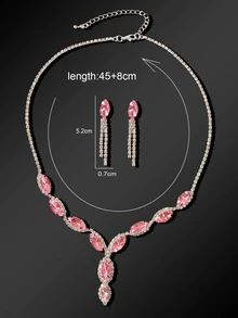 3 piezas/set collar con colgante de cadena pesada de lujo de diamantes de imitación rosa y pendiente de gota de borla de cadena de diamantes de imitación rosa - Rosa Pálido - Ver 5