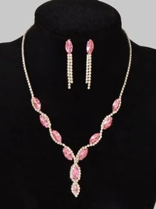 3 piezas/set collar con colgante de cadena pesada de lujo de diamantes de imitación rosa y pendiente de gota de borla de cadena de diamantes de imitación rosa - Rosa Pálido - Ver 1