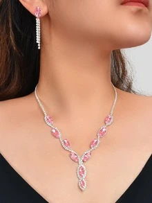 3 piezas/set collar con colgante de cadena pesada de lujo de diamantes de imitación rosa y pendiente de gota de borla de cadena de diamantes de imitación rosa - Rosa Pálido - Ver 2