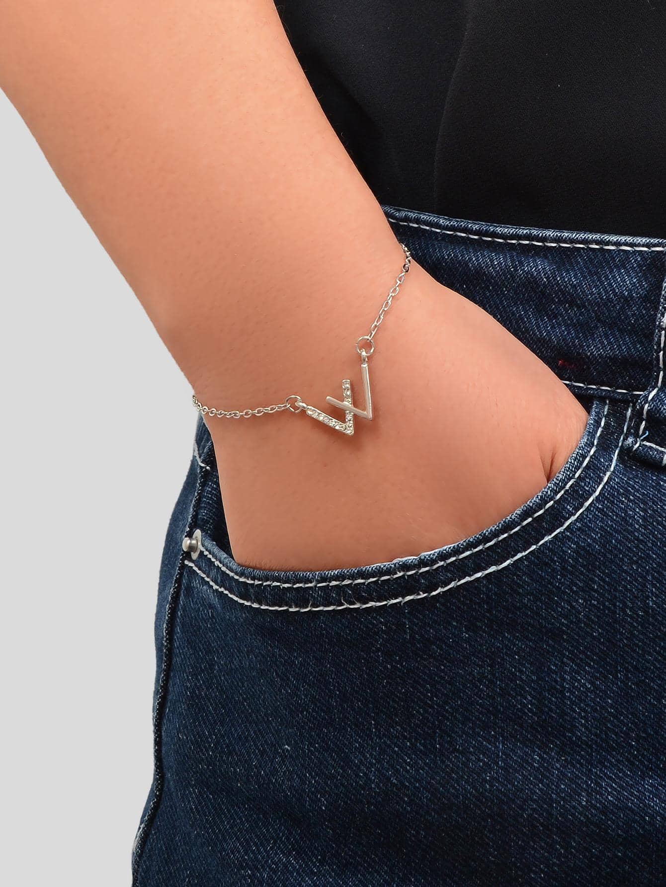 Rhinestone Letter Decor Bracelet - Silver - View 1