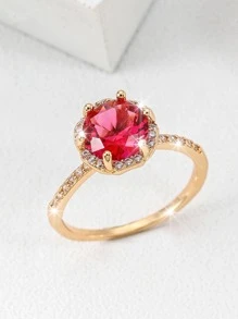 1入組時尚銅方晶鋯石裝飾戒指適合女士日常裝飾適合派對宴會婚禮 - 紅色 - 查看 2