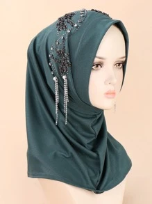 1pc Women Rhinestone & Faux Pearl Decor Fashion Hijab - Olive Green - View 1