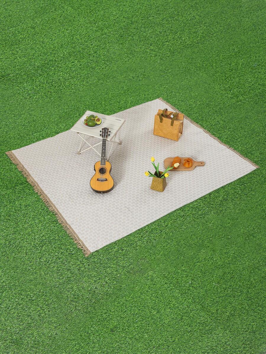1pc Geometric Pattern Raw Trim Outdoor Picnic Mat - Beige - View 1
