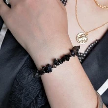 1 件不对称复古黑色人造水晶石紫水晶和玛瑙手链，可调节情侣手链 - 黑色 - 查看 1