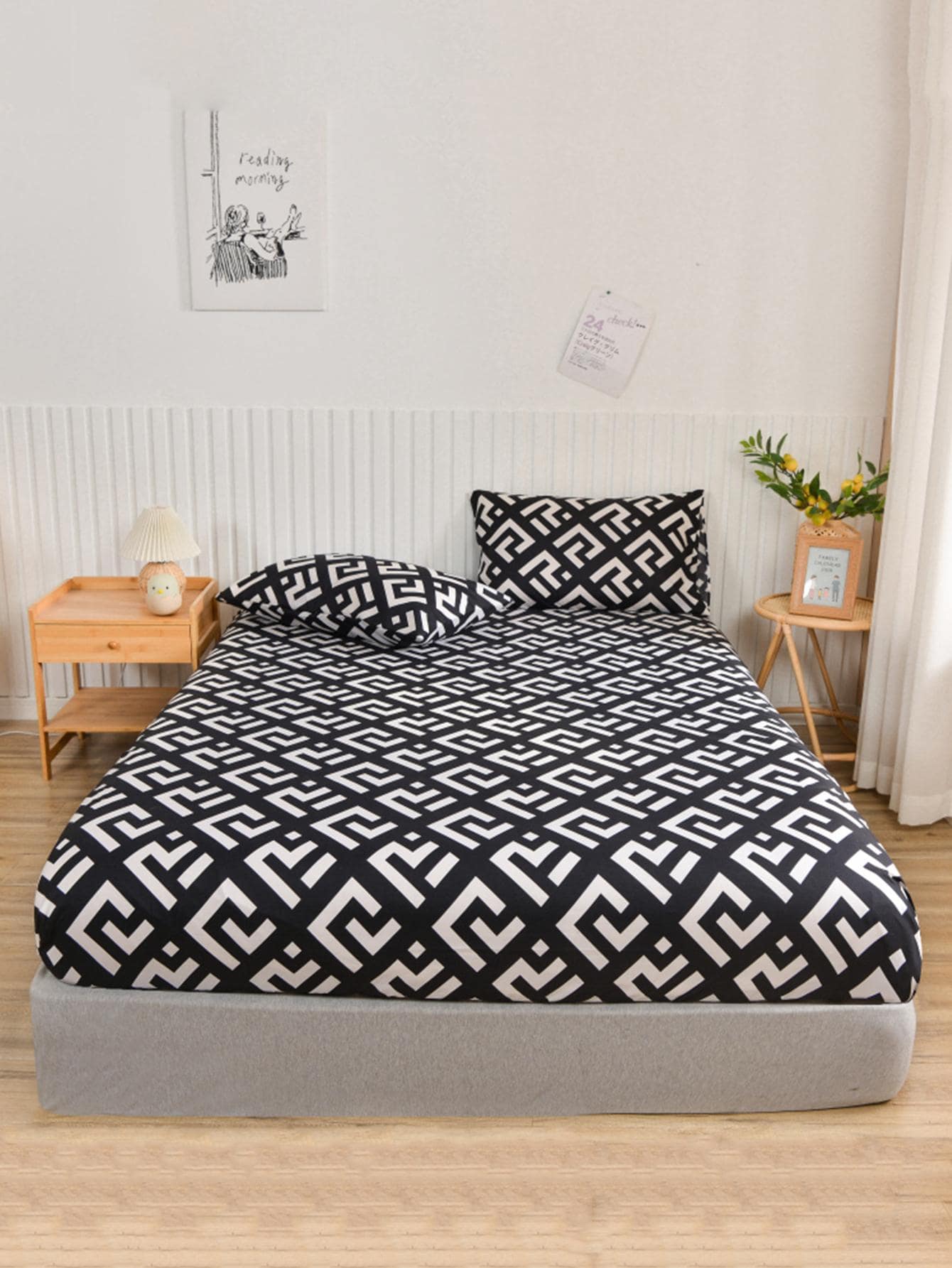 1入組幾何圖案床笠極簡主義面料床笠四季皆宜 - 彩色 - 查看 1